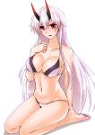  1girl barefoot bikini bow breasts cleavage collarbone commentary_request engo_(aquawatery) fate/grand_order fate_(series) full_body grey_bikini headband large_breasts lips long_hair navel oni_horns ponytail red_bow red_eyes silver_hair simple_background sitting solo swimsuit tomoe_gozen_(fate/grand_order) very_long_hair wariza white_background 