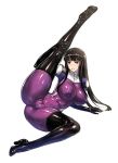  1girl ass bangs blush bodysuit boots breasts cameltoe commentary_request elbow_gloves erect_nipples gloves kamori_sayaka large_breasts latex leg_up long_hair looking_at_viewer original purple_eyes rindou_(radical_dream) skin_tight solo thigh_boots thighhighs thighs 