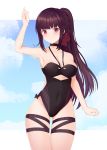  1girl armpits black_swimsuit bow breasts brown_hair casual_one-piece_swimsuit choker cleavage collarbone covered_navel cowboy_shot girls_frontline groin hair_bow high_ponytail highres joo000118 long_hair looking_at_viewer medium_breasts one-piece_swimsuit red_bow red_eyes solo standing swimsuit thigh_gap thigh_strap very_long_hair wa2000_(girls_frontline) 
