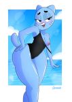  anthro blue_fur blush breasts cartoon_network cartoonsaur clothing domestic_cat felid feline felis female front_view fur hi_res mammal mature_female nicole_watterson nipples one-piece_swimsuit pose solo swimsuit the_amazing_world_of_gumball thick_thighs undressing wide_hips 