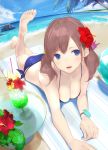  1girl :o ama_mitsuki ball bangs bare_arms bare_legs bare_shoulders barefoot beach beach_mat beachball bikini blue_bikini blue_eyes blue_flower blue_sky blush breasts brown_hair cherry cleavage cloud cocktail_glass collarbone cup day drinking_glass drinking_straw feet fisheye flower food foot_up fruit hair_flower hair_ornament hibiscus horizon leg_up long_hair looking_at_viewer lying medium_breasts ocean on_stomach open_mouth original outdoors palm_tree red_flower rock sand side-tie_bikini sidelocks sky solo swimsuit table thighs toes tree tropical_drink twitter_username water 