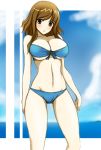  1girl absurdres bikini black_eyes blue_bikini breasts brown_hair highres large_breasts long_hair original solo swimsuit wakame 