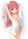  1girl armpits arms_up bangs bare_arms bare_shoulders blurry blurry_background blush breasts cleavage collarbone depth_of_field eyebrows_visible_through_hair groin hair_tie hair_tie_in_mouth highres kanz long_hair medium_breasts mouth_hold naked_towel original red_eyes red_hair solo towel tying_hair very_long_hair 