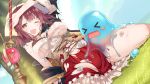  atelier atelier_lydie_&amp;_suelle breasts brown_eyes chihaya_72 choker corset cropped erect_nipples grass headdress no_bra nopan red_hair short_hair skirt sophie_neuenmuller spread_legs torn_clothes wand wink 