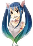  1girl :d alternate_hair_color blue_hair bracelet brown_eyes choker cropped_torso eyebrows_visible_through_hair fairy_tail getsuyoubi gradient_hair green_hair hair_between_eyes hair_ornament jewelry long_hair looking_at_viewer multicolored_hair open_mouth pink_ribbon ribbon ribbon_choker shiny shiny_hair shirt sleeveless sleeveless_shirt smile solo twintails two-tone_hair very_long_hair wendy_marvell white_shirt 
