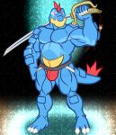  2019 absurd_res anthro barefoot biceps blue_scales bulge charm claws clothed clothing crocodilian digital_media_(artwork) feraligatr glint hi_res holding_item holding_object holding_weapon jockstrap kingdomheartskeeper kingdomxathers lazor_gator lazorgatr looking_at_viewer male melee_weapon mostly_nude musclegut muscular muscular_male nintendo pecs pok&eacute;mon pok&eacute;mon_(species) pok&eacute;morph raised_arm red_eyes reptile scales scalie sentret solo standing sword twitch_plays_pok&eacute;mon underwear video_games weapon yellow_scales 