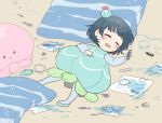  1girl aqua_dress aqua_footwear beige_background blue_hair blue_legwear blush bun_cover child child_drawing commentary_request crayon dress drooling eyes_closed face_painting hand_on_own_chest holding_crayon izumi_kirifu jellyfish_costume love_live! love_live!_sunshine!! lying on_back on_floor pantyhose paper shoe_removed short_hair sleeping solo stuffed_jellyfish tsushima_yoshiko younger 