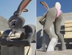  3d_(artwork) absurd_res anthro bench bent_over biped blender_(software) brick_wall butt clothed clothing detailed_background digital_media_(artwork) disney drinking eyebrows eyelashes feet fur grey_ears grey_fur hi_res judy_hopps lagomorph long_ears mammal multicolored_fur paws ponlets purple_eyes rabbit short_tail sky solo standing topless two_tone_fur water_fountain white_fur white_tail zootopia 