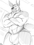  anthro bulge clothing crossed_arms greyscale hi_res jewelry jockstrap looking_at_viewer macropod male mammal marsupial monochrome muscular muscular_male necklace sketch smile solaxe_(artist) solo standing underwear 