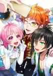  3boys black_hair double_v glasses gloves green_eyes idol_clothes juuouin_kakeru king_of_prism_by_prettyrhythm kougami_taiga multiple_boys necktie orange_hair pink_eyes pink_hair pretty_rhythm saionji_leo self_shot v white_gloves yellow_eyes zero_q 