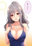  1girl :d bangs bare_shoulders blue_dress blush breasts cleavage collarbone dress eyebrows_visible_through_hair gradient gradient_background hair_between_eyes hair_bun hand_on_own_chest idolmaster idolmaster_cinderella_girls jewelry kanzaki_ranko large_breasts long_hair looking_at_viewer necklace open_mouth orange_background pendant pink_eyes sidelocks silver_hair sleeveless sleeveless_dress smile solo translation_request upper_body uraichishi 