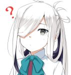  1girl ? ahoge asashimo_(kantai_collection) bow bowtie close-up grey_eyes hair_over_one_eye halterneck kantai_collection long_hair moti_coi ponytail school_uniform shirt silver_hair simple_background solo upper_body white_background white_shirt 