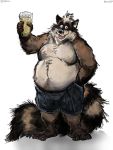  alcohol anthro aokmaidu barefoot beer belly beverage brown_fur claws clothed clothing facial_markings fur hand_in_pocket holding_beverage holding_object male mammal markings mask_(marking) moobs navel open_mouth open_smile overweight overweight_male procyonid raccoon ringtail simple_background smile solo standing toe_claws topless white_background 