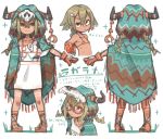  1girl blonde_hair braid character_sheet cloak dress female flat_chest from_behind glasses hair_between_eyes hair_ornament highres original pointy_ears simple_background smile solo white_background zizi_niisan 
