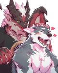  anthro blush brush brushing canid canine canis claws clothing dragon duo eyes_closed fur green_eyes happy horn invalid_tag jacketbear kemono male mammal muscular scalie shirt smile western_dragon wings wolf 