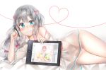  1girl absurdres aqua_eyes barefoot blue_hair blush bow cheosnuni closed_mouth commentary_request drawing_tablet eromanga_sensei eyebrows_visible_through_hair grey_hair hair_bow heart highres izumi_sagiri lingerie long_hair looking_at_viewer low-tied_long_hair lying negligee on_side panties pink_bow pink_panties silver_hair smile solo stylus underwear white_background 