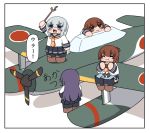  4girls aircraft airplane akatsuki_(kantai_collection) black_legwear black_sailor_collar black_skirt blue_eyes bokota_(bokobokota) brown_eyes brown_hair closed_mouth comic eating eyebrows_visible_through_hair eyes_closed folded_ponytail hair_between_eyes hair_ornament hibiki_(kantai_collection) ikazuchi_(kantai_collection) inazuma_(kantai_collection) kantai_collection long_hair long_sleeves looking_at_viewer messy_hair multiple_girls neckerchief open_mouth pleated_skirt purple_hair sailor_collar school_uniform serafuku shadow shirt short_hair silver_hair skirt smile stick thighhighs translation_request white_shirt 