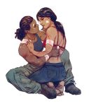  2girls back bandage bandaid bandaid_on_face bandaid_on_forehead barefoot black_hair blood boots bra breasts brown_hair cargo_pants chloe_frazer combat_boots commission cuts dark_skin eyes_closed full_body hairlocs imminent_kiss injury interracial kathryn_layno lips long_hair looking_at_another medium_breasts multiple_girls muscle muscular_female nadine_ross nose pants red_bra shirtless sleeveless tank_top uncharted uncharted:_the_lost_legacy underwear very_dark_skin white_background yuri 
