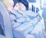  3boys akaashi_keiji bag black_hair blonde_hair bokuto_koutarou closed_eyes closed_mouth commentary_request haikyuu!! jacket konoha_akinori long_sleeves multiple_boys open_mouth pants pinkurohai sitting sleeping sleeping_on_person sleeping_upright sportswear track_jacket track_pants train_interior twitter_username 