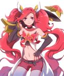  1girl absurdres alternate_costume alternate_hair_color alternate_hairstyle bare_shoulders belt black_gloves black_legwear boots bow elbow_gloves fingerless_gloves gloves hair_ornament highres jinx_(league_of_legends) league_of_legends long_hair magical_girl purple_eyes red_bow red_hair red_neckwear short_shorts shorts smile solo star_guardian_(league_of_legends) star_guardian_jinx thigh_boots thighhighs tied_hair twintails very_long_hair weapon 