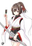  1girl arrow artist_logo bangs black_hakama black_shirt bow_(weapon) brown_eyes brown_hair chize closed_mouth cowboy_shot eyebrows_visible_through_hair hair_between_eyes hair_ribbon hakama hakama_skirt headband high_ponytail holding holding_arrow holding_bow_(weapon) holding_weapon ise_(kantai_collection) japanese_clothes kantai_collection kimono long_sleeves looking_at_viewer ponytail red_ribbon ribbon shirt short_hair simple_background solo standing undershirt v-shaped_eyebrows weapon white_background white_headband white_kimono wide_sleeves 