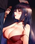  1boy 1girl ahoge alternate_costume azur_lane bangs bare_shoulders black_hair blush breasts censored choker cleavage cocktail_dress collarbone dress eyebrows_visible_through_hair hair_between_eyes hair_ornament hand_on_another&#039;s_head hand_on_another&#039;s_penis highres large_breasts long_hair looking_at_another mosaic_censoring open_mouth penis red_choker red_dress red_eyes smile strap_slip taihou_(azur_lane) taihou_(forbidden_feast)_(azur_lane) tongue tongue_out very_long_hair wsman 