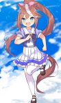  2018 animal_humanoid blue_eyes brown_hair clothed clothing equid equine equine_humanoid female footwear hair hair_bow hair_ribbon hi_res humanoid legwear lux_(artist) mammal open_mouth ponytail ribbons school_uniform shirt shoes skirt solo stockings toukaiteio uma_musume_-_pretty_derby uniform 