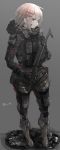  1girl absurdres android body_armor boots facial_mark gloves gun hair_ornament hairpin highres holding holding_weapon long_sleeves mechanical_arm mechanical_parts military original parts_exposed pink_hair plate_carrier pouch red_eyes rifle robot_joints savuxan scarf short_hair soldier solo weapon 