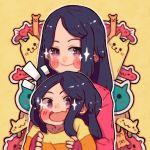  2girls age_difference black_hair blush child family hanaan holding long_hair long_sleeves looking_at_viewer mother_and_daughter multiple_girls open_mouth original outline purple_eyes sleeves_past_wrists smile sparkle upper_body white_outline yellow_background 