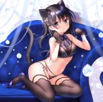  1girl 3: animal_ears artist_name bangs bare_arms bare_shoulders black_gloves black_hair black_legwear black_panties blue_eyes blue_footwear blue_ribbon blurry bra breasts cat_ears cat_girl cat_tail cleavage closed_mouth collarbone commentary_request couch crop_top erect_nipples futaba_miwa garter_straps gloves hair_ribbon hands_up high_heels highleg highleg_panties lace lace-trimmed_bra lace-trimmed_legwear lace-trimmed_panties lace_trim lingerie long_hair looking_at_viewer medium_breasts navel no_pants on_couch one_side_up original panties purple_ribbon ribbon sidelocks signature solo stomach tail thighhighs thighs underwear 