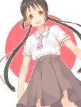  1girl :d asobi_asobase black_hair blush brown_eyes brown_skirt collared_shirt commentary cowboy_shot highres honda_hanako kazuzu long_hair looking_at_viewer low_twintails medium_skirt necktie open_mouth outline purple_neckwear school_uniform shirt short_necktie short_sleeves simple_background skirt smile solo twintails two-tone_background very_long_hair white_shirt wing_collar 