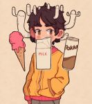  1boy bangs black_hair blush brown_eyes can covered_mouth cowboy_shot food hanaan hand_in_pocket highres ice_cream ice_cream_cone jacket long_sleeves milk milk_carton original short_hair solo yellow_jacket zipper 