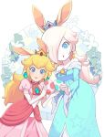  2girls animal_ears bare_shoulders blonde_hair blue_dress blue_eyes blush breasts bunny_ears closed_mouth collarbone crown dress earrings easter egg elbow_gloves female gem gloves hair_over_one_eye hands_up happy highres holding jewelry jpeg_artifacts long_hair long_sleeves looking_at_viewer mario_(series) multiple_girls off_shoulder omochi_(glassheart_0u0) open_mouth princess_peach puffy_short_sleeves puffy_sleeves rosalina shiny shiny_hair short_sleeves small_breasts smile standing star star_print super_mario_bros. super_mario_galaxy white_gloves 