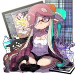  +_+ 3girls aori_(splatoon) bag breasts casual caught cephalopod_eyes chemise cleavage commentary_request controller domino_mask eyepatch food game_controller gradient_hair highres implied_yuri inkling isamu-ki_(yuuki) lingerie long_hair looking_at_viewer makeup mascara mask medium_breasts medium_hair mole mole_under_eye monitor multicolored_hair multiple_girls nightgown octoling pajamas panties pocky pointy_ears red_hair shopping_bag splatoon splatoon_(series) splatoon_2 tears tentacle_hair underwear 