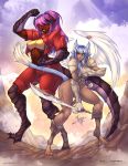  2017 angel animal_humanoid anthro clothed clothing demon digital_media_(artwork) duo female hair hi_res horn humanoid jesonite melee_weapon pink_hair red_eyes standing sword weapon 