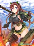  1girl :q breasts brown_hair day fire ground_vehicle irohasu large_breasts long_hair mecha_musume military military_vehicle motor_vehicle personification purple_eyes solo t-84 tank tongue tongue_out very_long_hair weapon_girls 