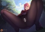  1girl blue_eyes blush cloud crotch_seam darling_in_the_franxx erect_nipples feet forest horns impossible_clothes looking_at_viewer magic_xiang military military_uniform nature pantyhose pantyhose_pull pink_hair pussy sky thighs uniform zero_two_(darling_in_the_franxx) 