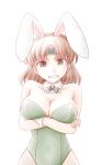  1girl animal_ears armpits bare_legs bare_shoulders blush bow bowtie breast_hold breast_press breasts brown_eyes brown_hair bunny_ears bunnysuit chiyoda_(kantai_collection) cleavage clenched_teeth collarbone covered_navel detached_collar eyebrows_visible_through_hair fake_animal_ears green_leotard headband highres kantai_collection leotard looking_at_viewer meihemu short_hair simple_background solo strapless strapless_leotard teeth upper_body white_background wrist_cuffs 