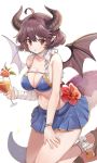  1girl ahoge bandage bandaged_arm bandages bare_arms bare_shoulders blue_bikini_top blue_skirt breasts brown_hair choker cleavage cocktail_glass collarbone cup dragon_girl dragon_horns dragon_tail dragon_wings drinking_glass drinking_straw flower grea_(shingeki_no_bahamut) groin hibiscus highres holding holding_cup horns large_breasts leg_up mid_(gameshe) miniskirt navel parted_lips pleated_skirt pointy_ears red_eyes red_flower ribbon ribbon_choker sandals shingeki_no_bahamut short_hair sidelocks skirt solo stomach tail thighs tropical_drink white_background white_ribbon wings 