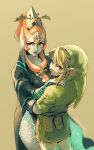  1boy 1girl blonde_hair blue_eyes front_ponytail grey_skin hand_on_another&#039;s_shoulder hat height_difference highres hood hug link looking_at_viewer looking_back midna midna_(true) nintendo orange_eyes orange_hair the_legend_of_zelda the_legend_of_zelda:_twilight_princess tsuyuga 