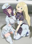  2girls blonde_hair bracelet creatures_(company) dress eyebrows game_freak glasses gloves green_eyes hat jewelry long_hair lusamine_(pokemon) multiple_girls nintendo ontaros open_mouth pokemon pokemon_(anime) pokemon_sm_(anime) purple_hair very_long_hair wicke_(pokemon) younger 