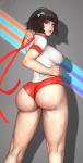  1girl absurdres ass black_hair bow breasts brown_eyes grey_background gym hair_bow highres kneepits lips looking_at_viewer looking_back medium_breasts multicolored_bow nose original randy_(awesomevillage) red_ribbon ribbon shadow short_hair short_shorts shorts solo standing thighs 