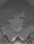  1girl akiyama_yukari areolae blush breasts downblouse eyebrows_visible_through_hair girls_und_panzer greyscale hanging_breasts henyaan_(oreizm) looking_at_viewer medium_breasts messy_hair monochrome nipples no_bra parted_lips solo translation_request upper_body 