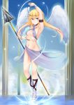  1girl angel angel_wings armpits blonde_hair blue_eyes breasts highres irohasu long_hair medium_breasts navel original polearm solo spear very_long_hair water weapon wings 