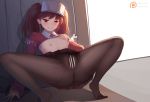  1girl anus ass black_legwear blush breasts brown_eyes brown_hair censored crotch_seam feet flat_chest japanese_clothes kantai_collection kariginu magatama magic_xiang nipples pantyhose pleated_skirt pussy red_shirt ryuujou_(kantai_collection) shirt shirt_lift skirt solo syringe thighs twintails visor_cap wince 