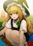  1girl :d bangs black_dress black_headwear blonde_hair blurry blurry_background blush bow braid daimaou_ruaeru dress eyebrows_visible_through_hair feet_out_of_frame green_bow hair_between_eyes hair_bow hat hat_bow kirisame_marisa light_particles long_hair looking_at_viewer open_mouth petticoat short_dress short_sleeves single_braid smile socks solo squatting thighs touhou very_long_hair white_bow white_legwear witch_hat wrist_cuffs yellow_eyes 