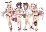  4girls alternate_costume amatsukaze_(kantai_collection) anchor_hair_ornament anchor_symbol armband bag bangs bare_shoulders bikini black_hair black_neckwear blonde_hair blush bracelet breasts brown_eyes brown_hair closed_mouth collarbone commentary_request eyebrows_visible_through_hair food frilled_bikini frilled_swimsuit frills fruit gradient_hair grey_eyes grey_hair groin hair_between_eyes hair_ornament hair_tubes hand_up handbag hat headgear high_heels holding jewelry kantai_collection lifebuoy long_hair looking_at_viewer melon miniskirt multicolored_hair multiple_girls navel necktie nemo_(leafnight) one-piece_swimsuit open_mouth sailor_collar see-through_silhouette shimakaze_(kantai_collection) shoes short_hair short_hair_with_long_locks sidelocks silver_hair simple_background skirt small_breasts smile standing swimsuit tokitsukaze_(kantai_collection) two_side_up white_background windsock yellow_neckwear yukikaze_(kantai_collection) 
