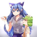  1boy 1girl bangs blue_hair bow el_chavo el_chavo_del_ocho farrel_kb food gradient gradient_background hat highres hood hoodie sandwich suspenders touhou yorigami_shion 