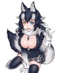  1girl animal_ear_fluff animal_ears areola_slip areolae bangs between_breasts black_hair blue_eyes breasts cao_hong_anh cleavage eyebrows_visible_through_hair fangs fur_collar grey_wolf_(kemono_friends) hair_between_eyes hand_up heterochromia highres index_finger_raised jacket kemono_friends large_breasts long_hair long_sleeves looking_at_viewer multicolored_hair necktie necktie_between_breasts nipple_slip nipples no_bra open_mouth plaid plaid_neckwear plaid_skirt simple_background sitting skirt smile solo tail thighhighs two-tone_hair white_background white_hair wolf_ears wolf_girl wolf_tail yellow_eyes zettai_ryouiki 