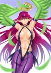  1girl absurdres armpits arms_up bangs blurry breasts claws closed_mouth collarbone cowboy_shot depth_of_field duel_monster feathered_wings green_eyes hair_between_eyes harpie_lady harpy highres large_breasts long_hair looking_at_viewer monster_girl muto_dt navel pantyhose pointy_ears purple_legwear red_hair slingshot_swimsuit solo swimsuit talons wings yu-gi-oh! 